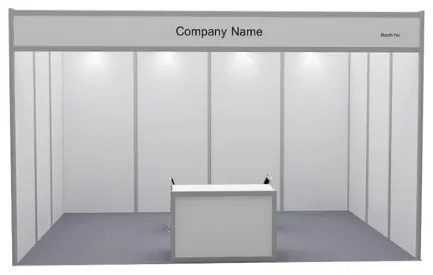 12 m² standart stend, old tomondan koʻrinish, 3 × 4 m: friz, peshtaxta va stullar