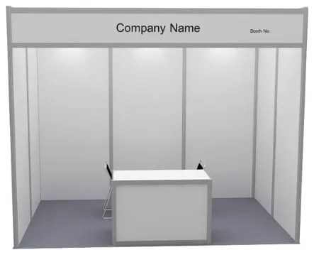 6 m² standart stend, old tomondan koʻrinish, 2 × 3 m: friz, peshtaxta va stullar